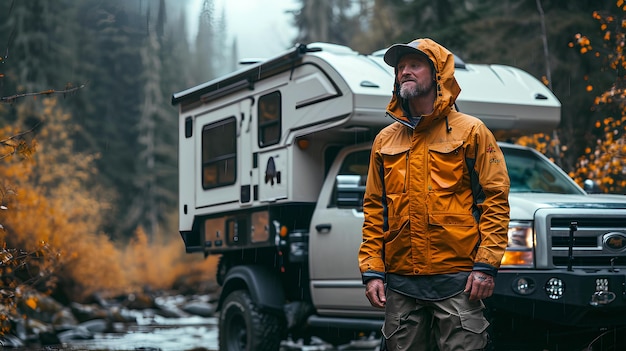 Ein Mann steht vor dem Camper im Winterregen