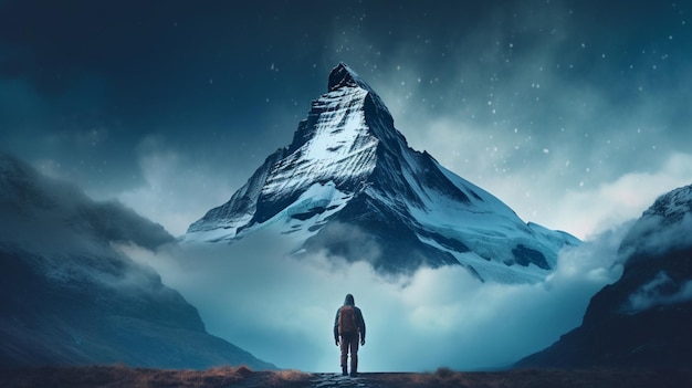 Ein Mann steht vor einem Berg mit einem Himmel als Hintergrund Generative KI