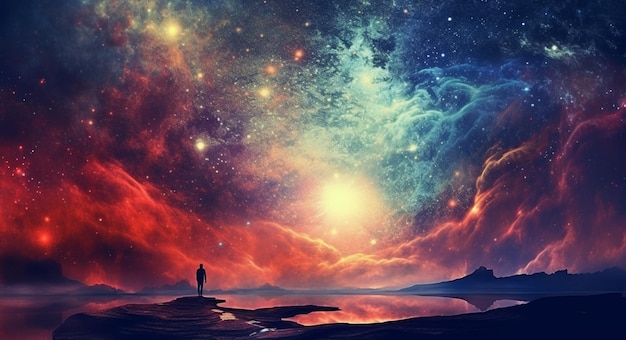 Ein Mann steht vor einem bunten Himmel mit den Sternen des Universums.