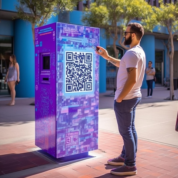 Foto ein mann steht vor einem display mit qr-code