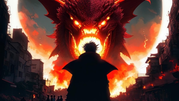 Ein Mann steht vor einem Feuer mit einem Drachen auf dem Cover.