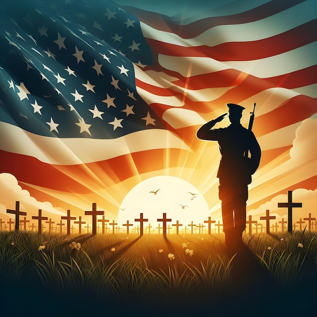 ein Mann steht vor einem Friedhof mit einer Flagge und einem Kreuz im Hintergrund