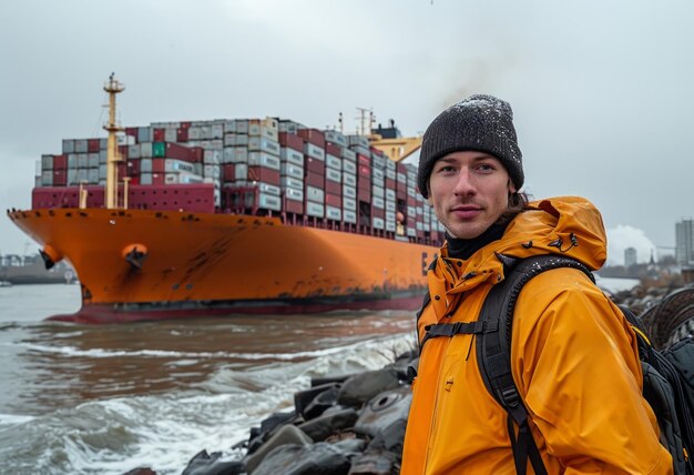 Ein Mann steht vor einem großen orangefarbenen Containerschiff