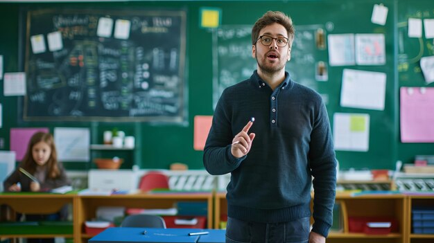 Foto ein mann steht vor einem klassenzimmer voller schreibtische