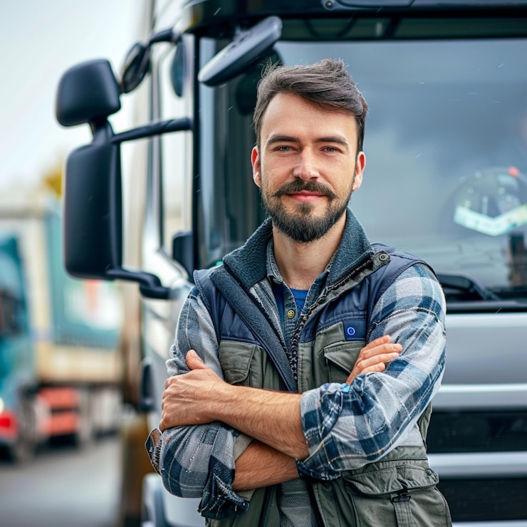 Foto ein mann steht vor einem lkw mit gekreuzten armen
