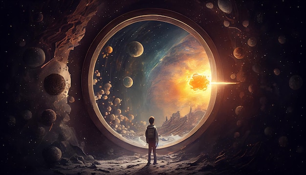 Ein Mann steht vor einem Loch im Weltraum und blickt auf den Planeten Erde.