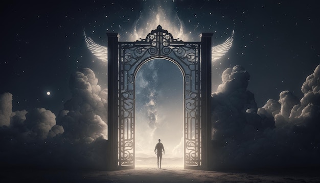 Ein Mann steht vor einem offenen Tor mit den Worten „Himmel“ darauf