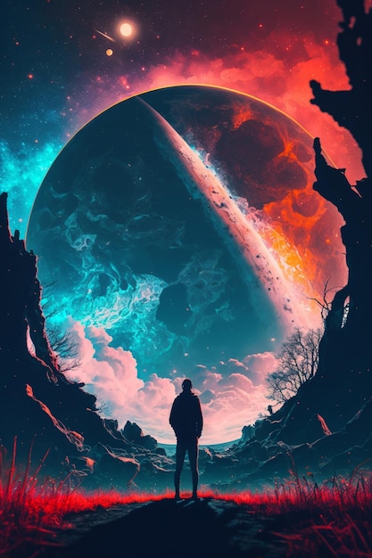 Ein Mann steht vor einem Planeten mit buntem Hintergrund.