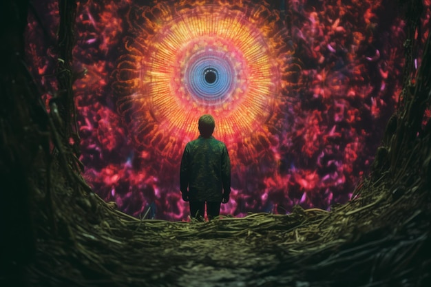 Foto ein mann steht vor einem psychedelischen wirbel