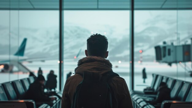ein Mann steht vor einem riesigen Flughafenfenster und schaut vor seinem Flug auf einen schneebedeckten Berg