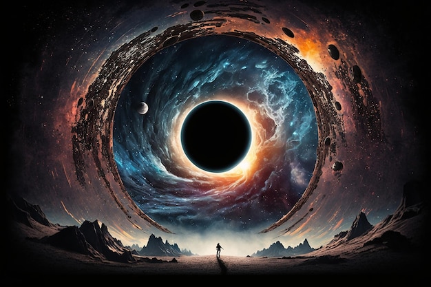 Ein Mann steht vor einem Schwarzen Loch und dem Auge des Universums.