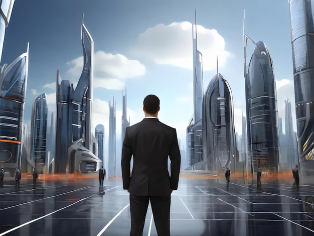 ein Mann steht vor einem Stadtbild mit Gebäuden im Hintergrund
