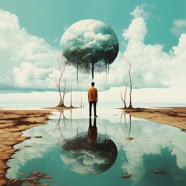 Ein Mann steht vor einem Wasser mit einem großen Globus in der Mitte.