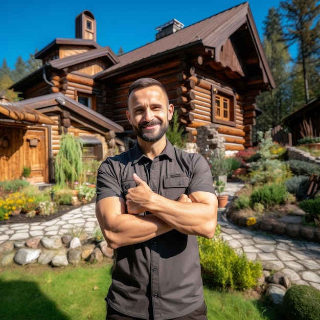 Foto ein mann steht vor einer blockhütte