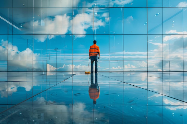 Ein Mann steht vor einer Fliesenmauer mit einer Reflexion von Wolken und einem Preis für den blauen Himmel