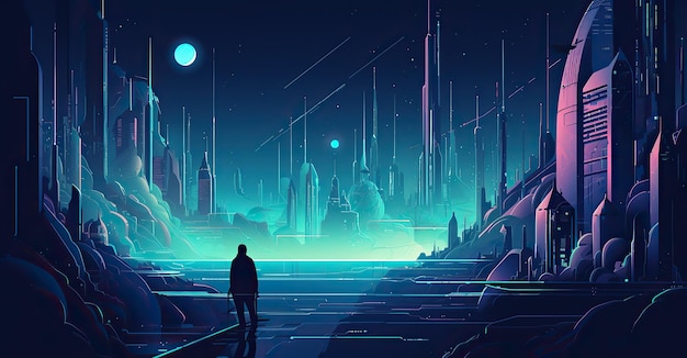 Ein Mann steht vor einer futuristischen Scifi-Stadtlandschaft mit einem Planeten im Hintergrund