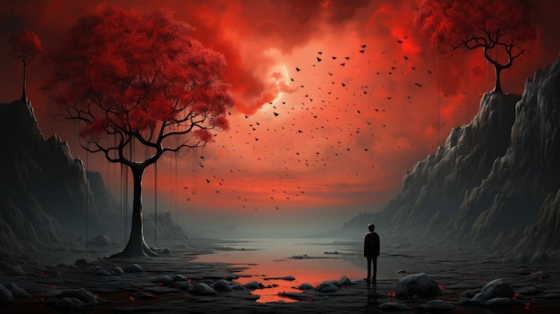 Ein Mann steht vor einer generativen KI mit rotem Himmel