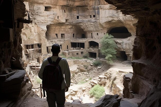 Foto ein mann steht vor einer höhle mit der nummer 2 darauf