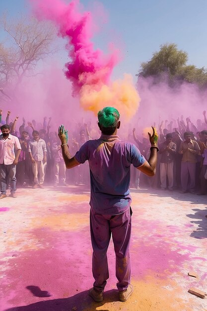 Ein Mann steht vor einer Menschenmenge mit einem Holi-Pulver in der Luft