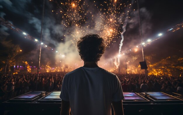 Ein Mann steht vor einer Menschenmenge und schaut sich Feuerwerk KI an