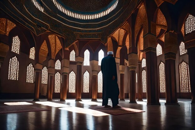 Foto ein mann steht vor einer moschee mit einem gebet in der mitte.