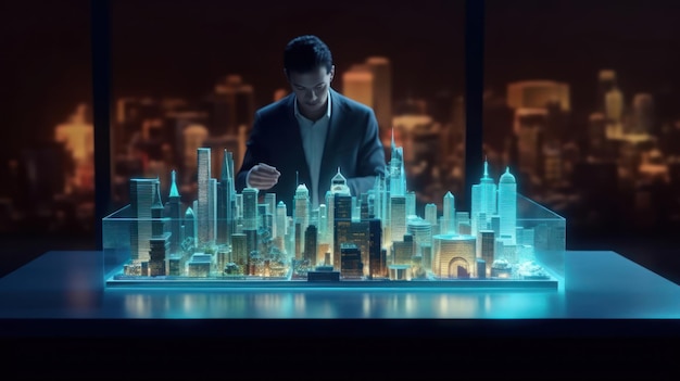 Ein Mann steht vor einer Stadt mit einer beleuchteten Stadtlandschaft im Hintergrund.