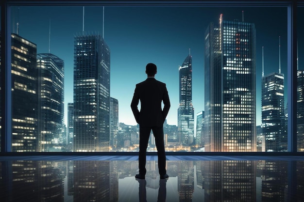 ein Mann steht vor einer Stadt-Skyline mit einer Stadt im Hintergrund