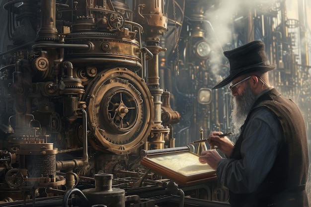 Ein Mann steht zuversichtlich vor einer hohen und komplexen Maschine und zeigt seine Beteiligung an der Schwerindustrie. Ein Steampunk-inspirierter Mechaniker mit einer komplexen Maschinerie als Hintergrund.