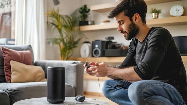 Ein Mann stellt einen drahtlosen Lautsprecher in seinem Wohnzimmer auf. Er nutzt sein Smartphone, um sich mit dem Lautsprecher zu verbinden.