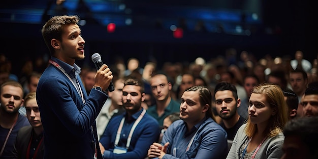 Ein Mann stellt während einer QA-Sitzung auf einer internationalen Konferenz eine Frage