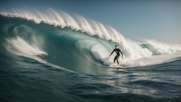 Ein Mann surft auf einer großen Welle