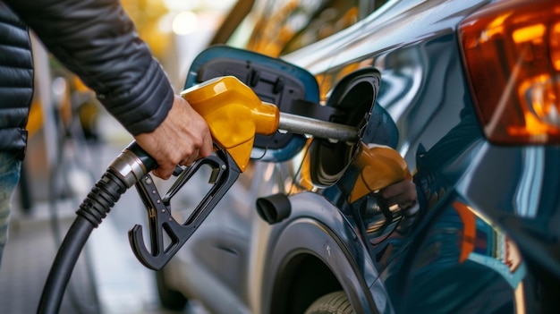 Ein Mann tankt sein Auto an einer Tankstelle, aber statt herkömmlichen Benzins benutzt er Biokraftstoff
