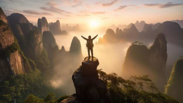 Foto ein mann tourist stehtnach der erfolgreichen eroberung des gipfelsbergzhangjiajie