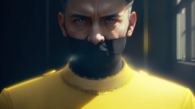 Ein Mann trägt ein gelbes Hemd und eine schwarze Maske mit dem Wort „Arzt“ darauf.