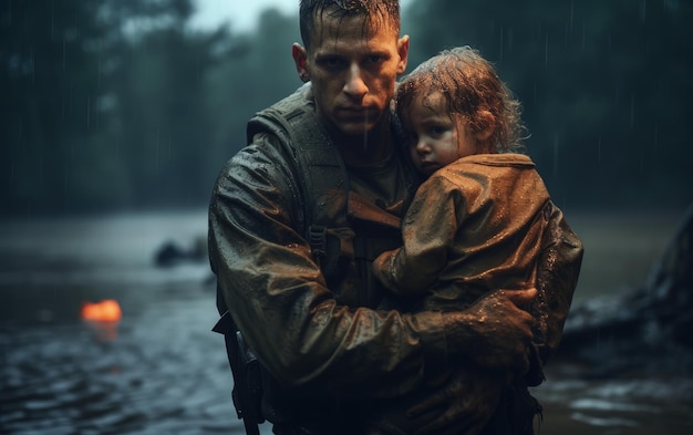 Ein Mann trägt ein Kind auf dem Schoß in einem Szenario von Überschwemmungen durch Regen Konzept der Naturkatastrophe KI