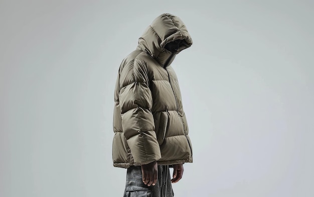 Foto ein mann trägt eine pufferjacke im khaki