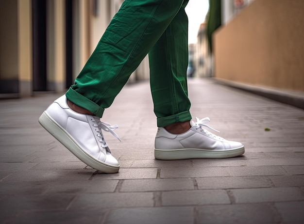 Ein Mann trägt Sportturnschuhe auf der Straße. Sportschuhe für Herren