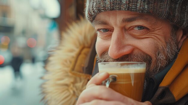 Foto ein mann trinkt cappuccino in einer durchsichtigen tasse und lächelt