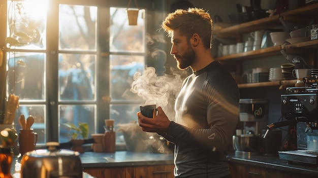 Ein Mann trinkt eine Tasse Kaffee im Essbereich seines Hauses, nachdem er an der Sonne gearbeitet hat.