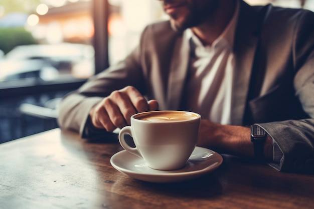 Ein Mann trinkt Kaffee und hält eine Tasse heißen Erdnuss-Latte in der Hand. Der Tisch in der generativen KI der Kuh