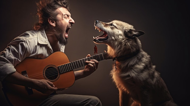 Ein Mann übt Gitarre, während sein Hund im Hintergrund heult