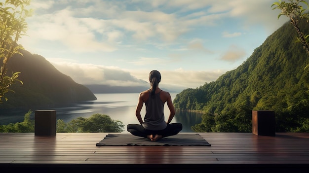 ein Mann übt Yoga vor einem See und Bergen
