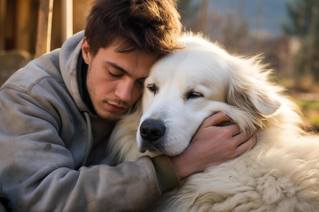 Ein Mann umarmt einen Hund und legt ihm den Arm um den Hals.