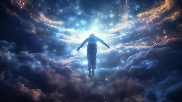 Ein Mann, umgeben von Wolken in einem verträumten Himmel