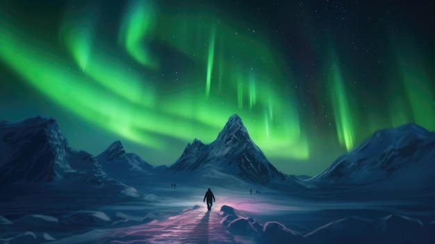 Ein Mann und ein Fußabdruck im Schneeberg unter Nordlicht-Aurora im Winter. Generatives KI-Bild Weber