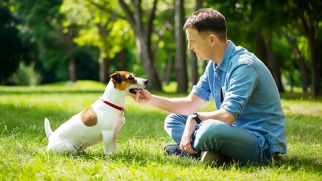 ein Mann und ein Hund sitzen auf dem Gras, einer von ihnen trägt einen roten Kragen