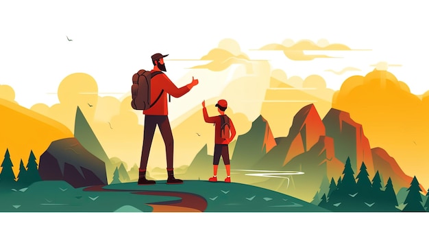 ein Mann und ein Junge, die einen Berg mit Bergen im Hintergrund ansehen.