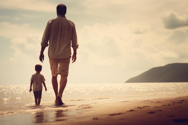 Ein Mann und ein Junge gehen am Strand spazieren, einer von ihnen hält Händchen.