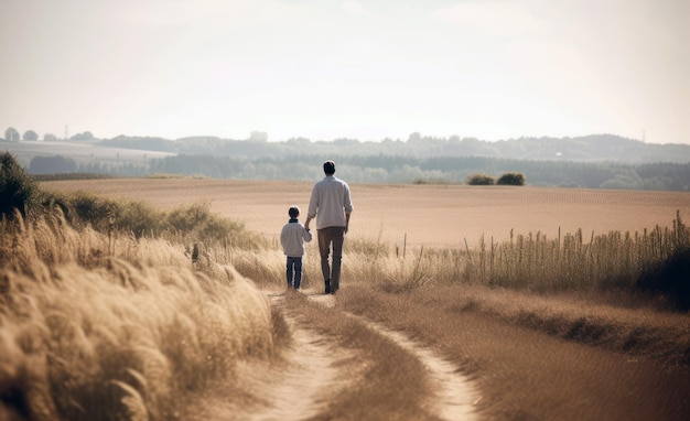 Ein Mann und ein Junge gehen auf einem Feld einen Weg entlang.
