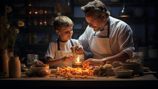 Ein Mann und ein Junge schneiden Zutaten, um eine Mahlzeit auf einem rustikalen Holztisch zuzubereiten